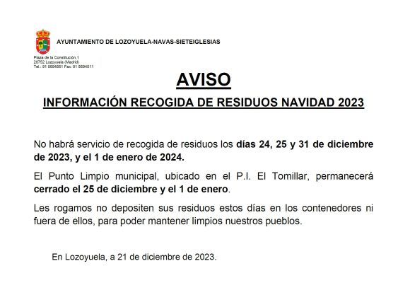 AVISO. Recogida de Residuos Navidad 2023 AVISO_RESIDUOS_PERIODO_NAVIDENO_2023